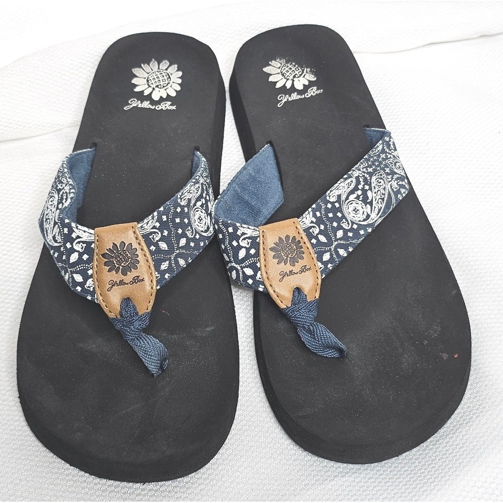 Yellow Box Flip Flop Sandals 7 Blue Paisley Platform Wedge Sunflower Thong